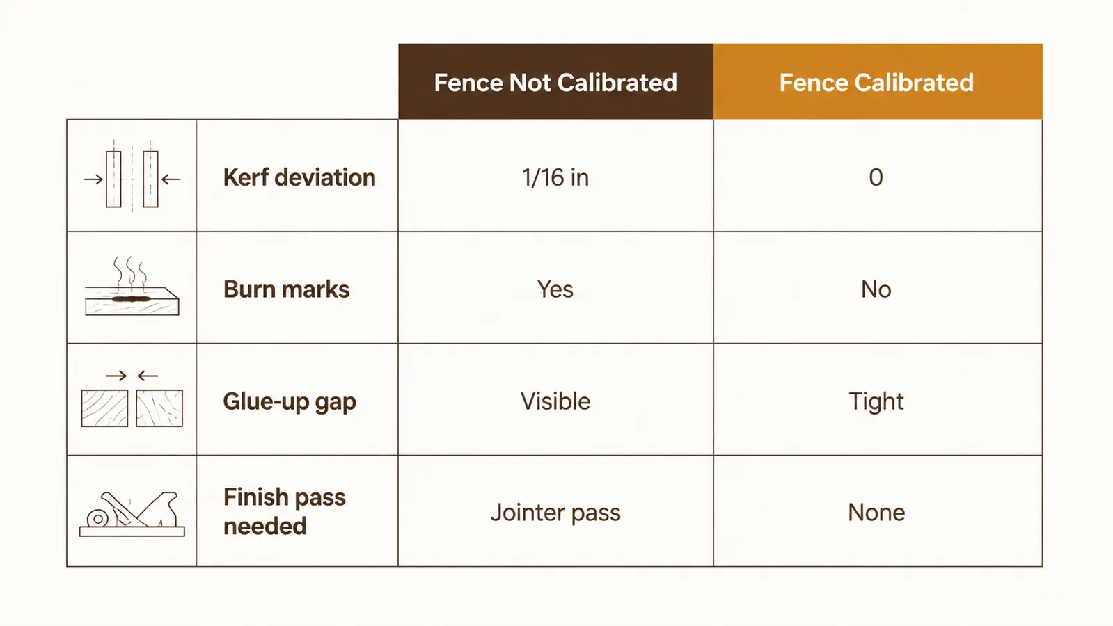 Chart showing rip cut accuracy comparison between a poorly set up fence and a calibrated fence, with kerf deviation measurements
