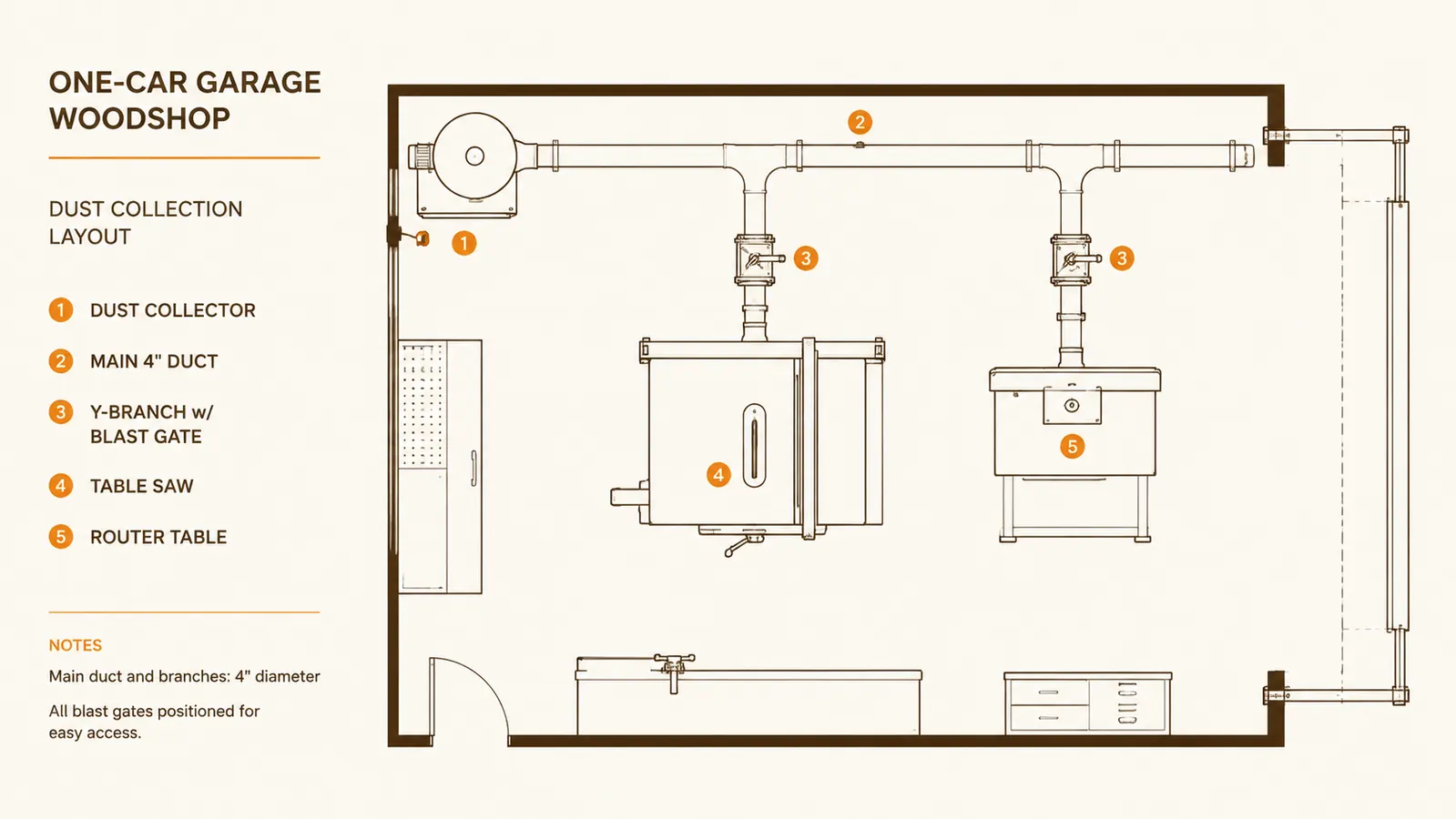 Diagram showing a simple Y-duct layout with blast gates branching to a table saw, router table, and sander in a one-car garage