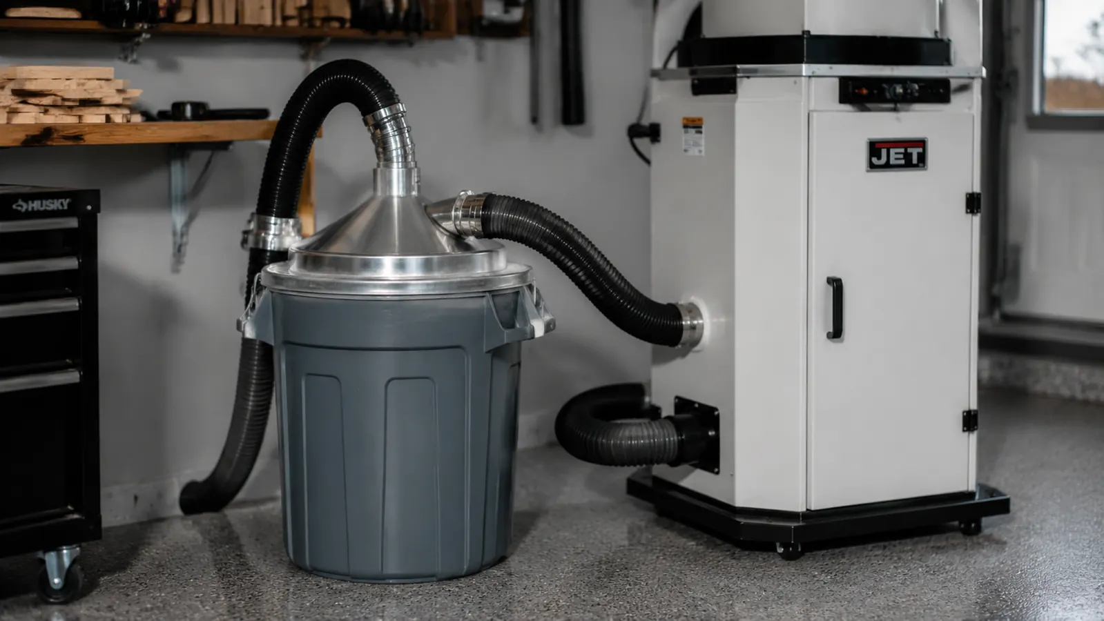 Cyclone dust separator sitting on top of a shop trash can, connected to a dust collector, in a home garage shop