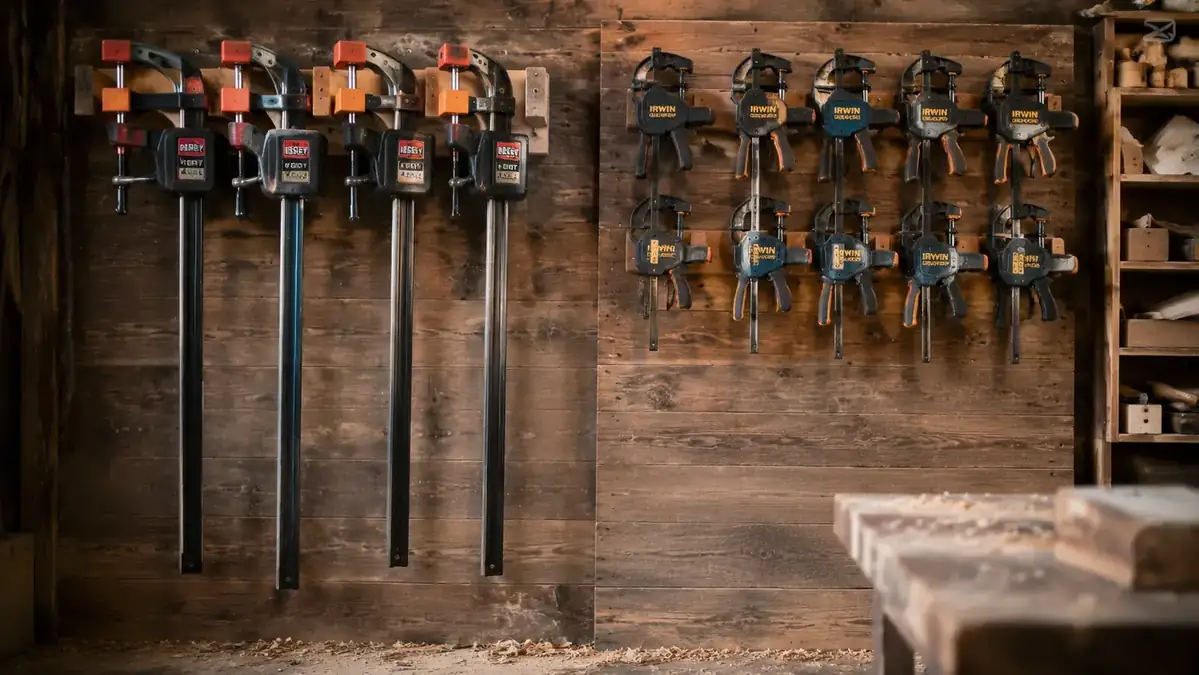Bessey K-body clamps and IRWIN Quick-Grip clamps side by side on a shop clamp wall, showing the size and construction difference