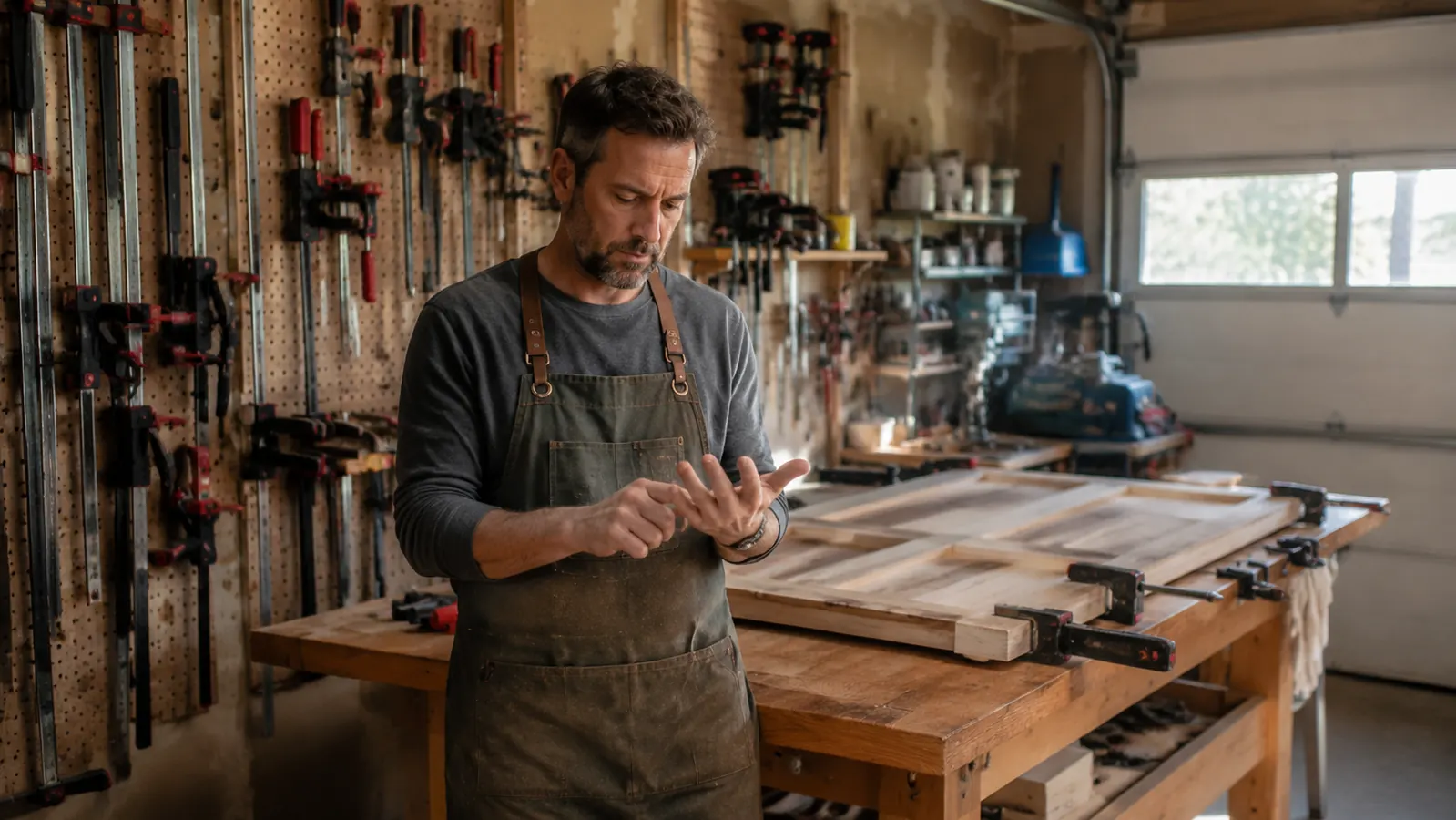 Man counting and selecting clamps from a shop wall before a panel glue-up, planning session in a garage woodshop