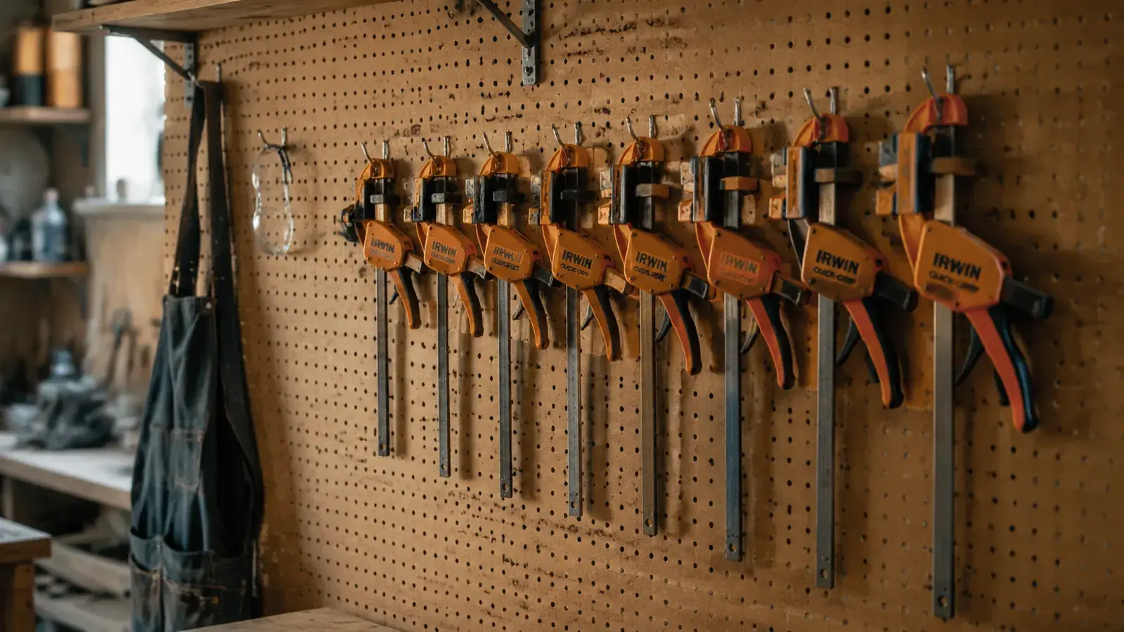 Row of IRWIN Quick-Grip clamps hanging on a pegboard clamp wall in a home garage shop