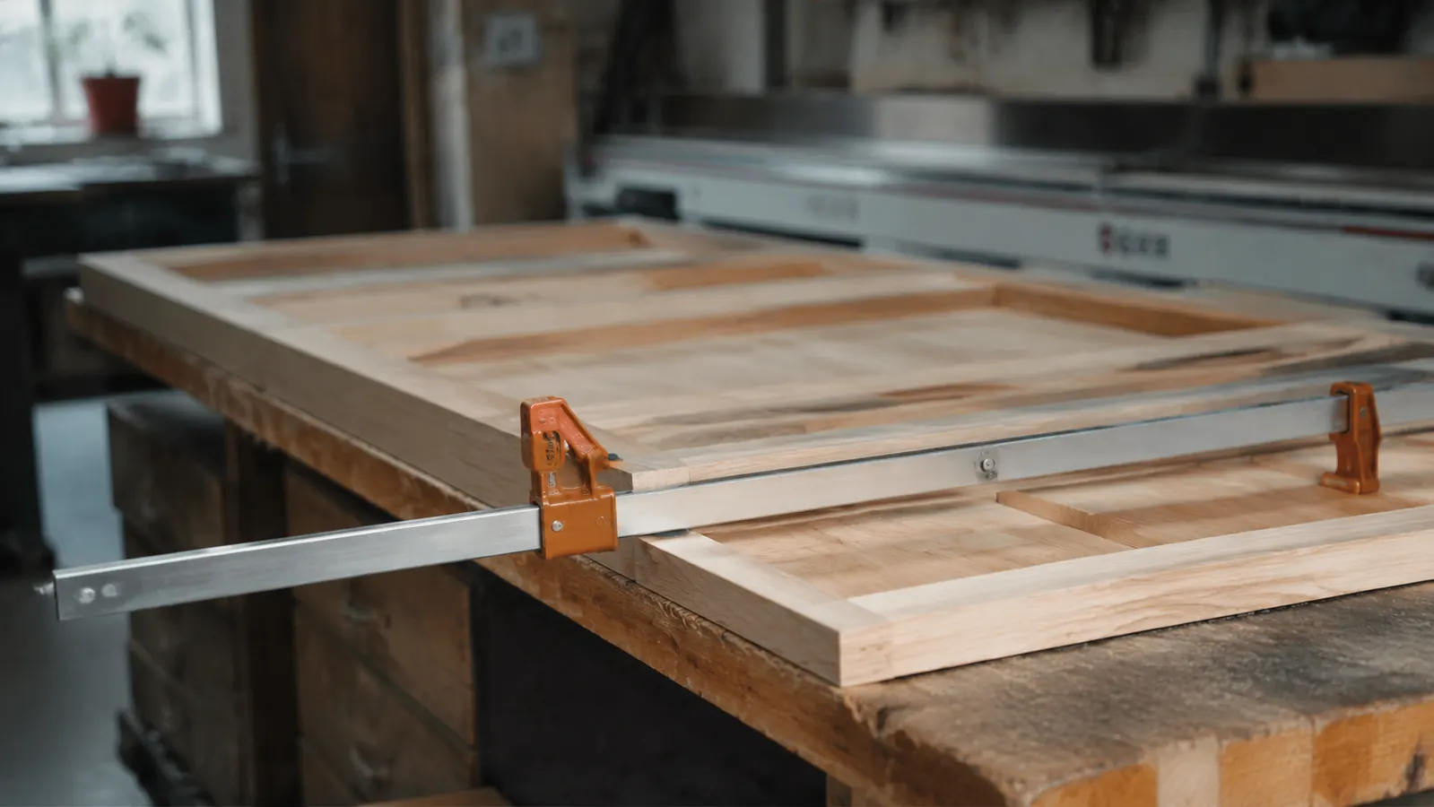 Bessey K-Body parallel bar clamp holding a face-frame cabinet assembly flat on a workbench