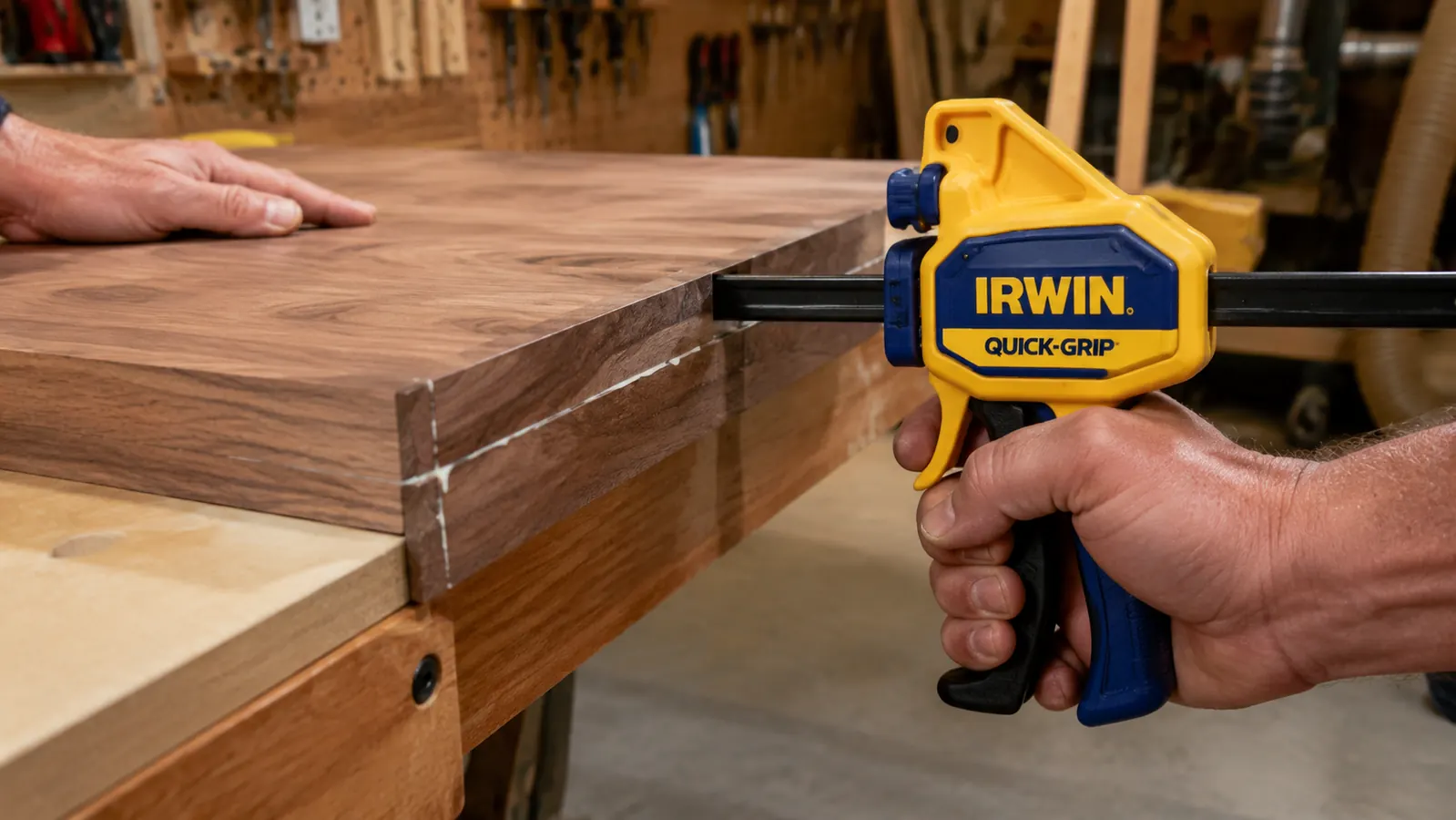 One-handed squeeze on an IRWIN Quick-Grip clamp, pressing a panel joint closed against a workbench