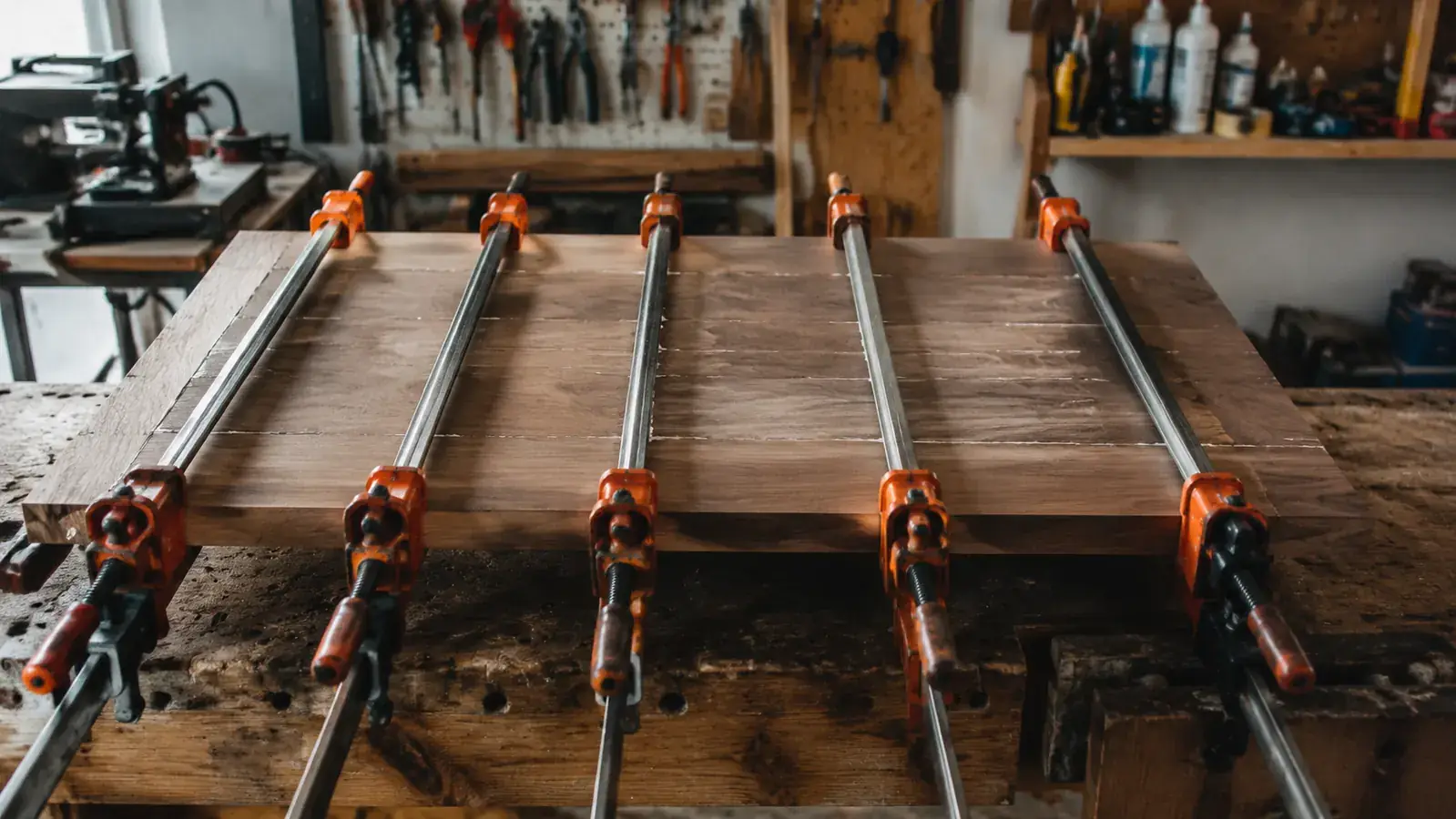 Finished 6-panel walnut panel clamped flat on a workbench, joints tight with dried glue squeeze-out