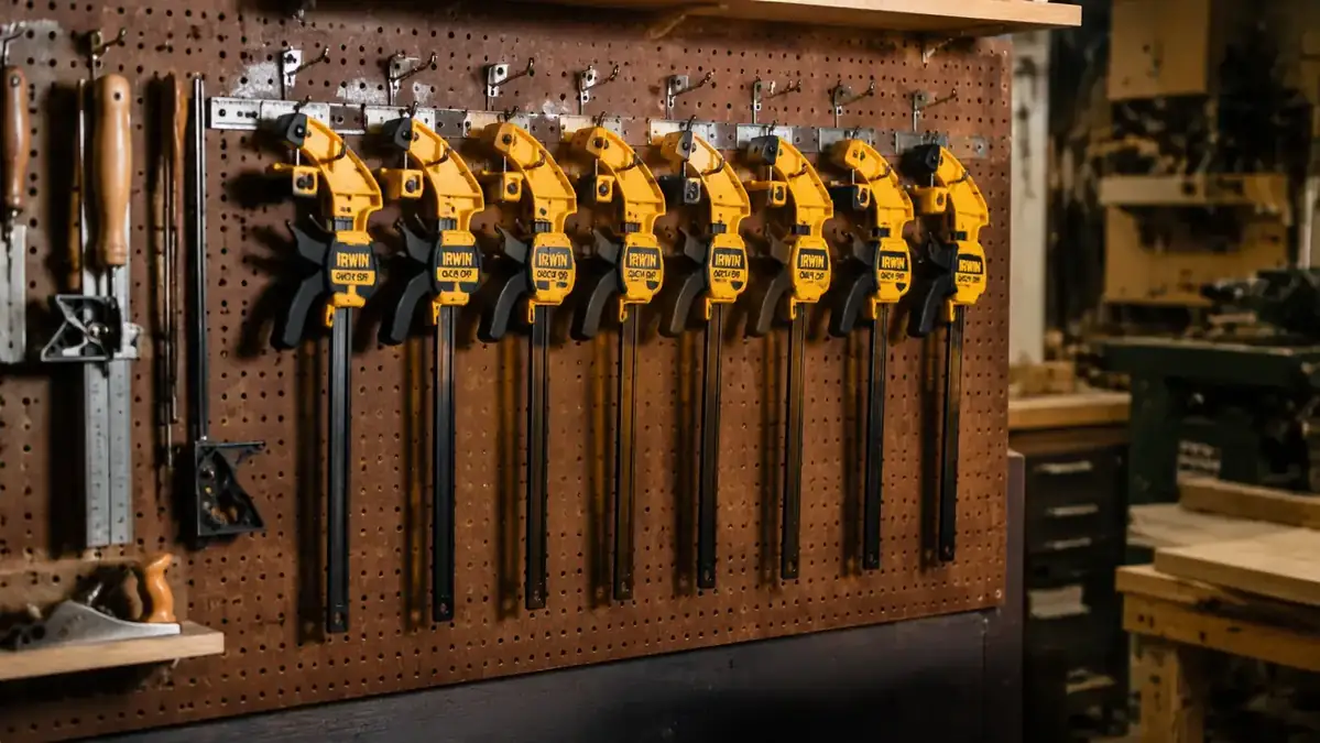 Rack of IRWIN Quick-Grip clamps hanging on a pegboard in a tidy garage woodshop