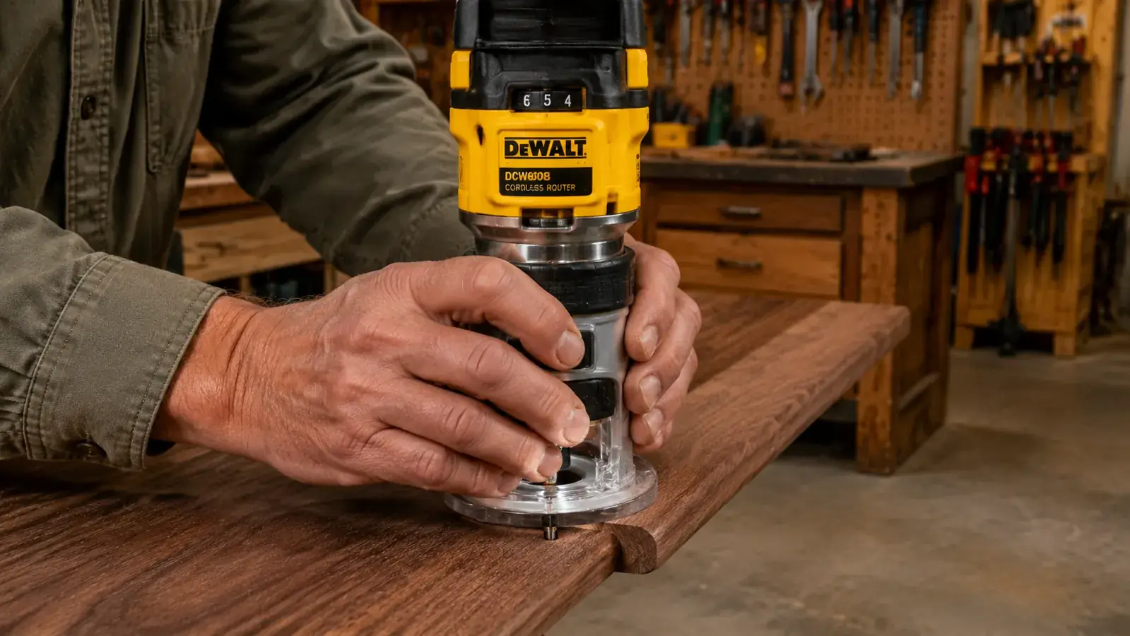 Hands guiding a cordless router along the edge of a walnut board with a bearing-guided roundover bit