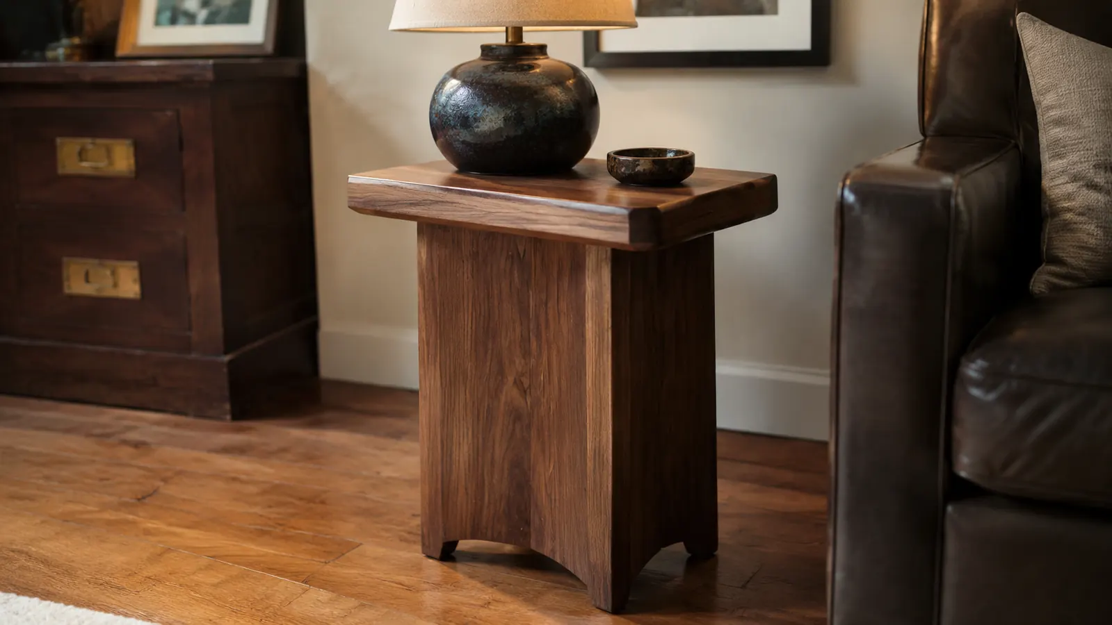 The completed walnut side table with routed edges in a home living room setting