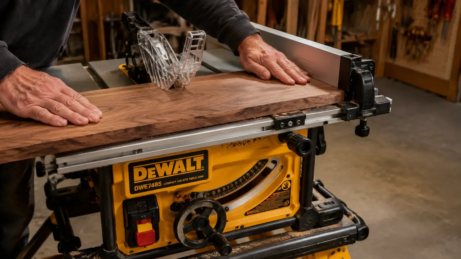 Hands guiding a walnut board through the fence of a DeWalt DWE7485 compact table saw on a workbench