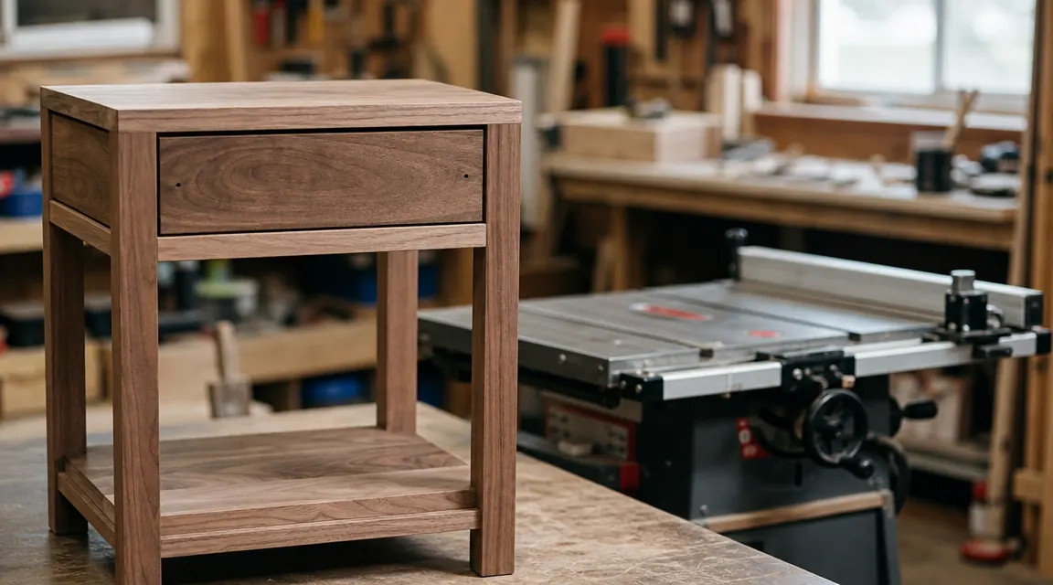 A half-finished walnut side table sitting on a garage workbench next to a DeWalt table saw