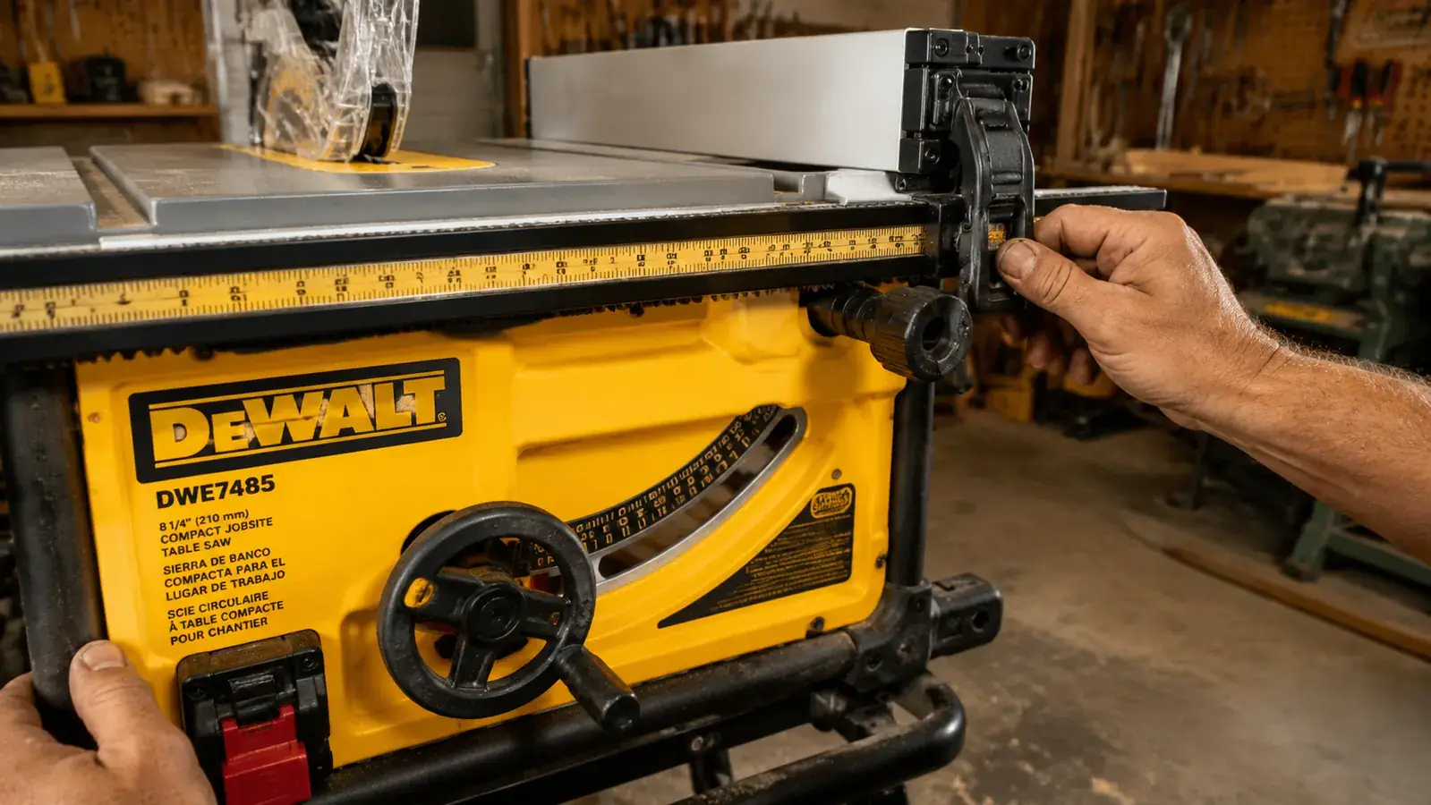 Close-up of the DeWalt DWE7485 rack-and-pinion fence system showing the locking lever and measurement scale