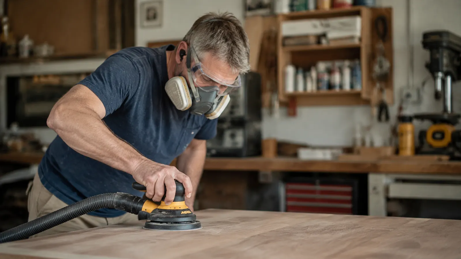 Person in a garage shop wearing a respirator while sanding, dust collector hose connected to a random orbit sander