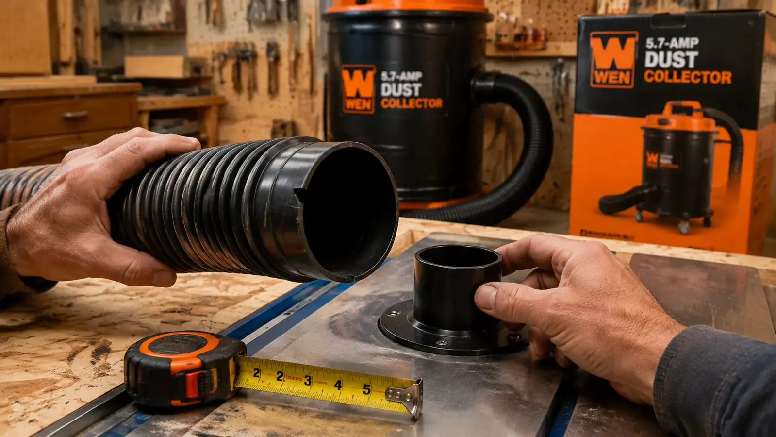 Tape measure showing a 4-inch dust hose fitting next to a 2.5-inch tool port, illustrating the mismatch