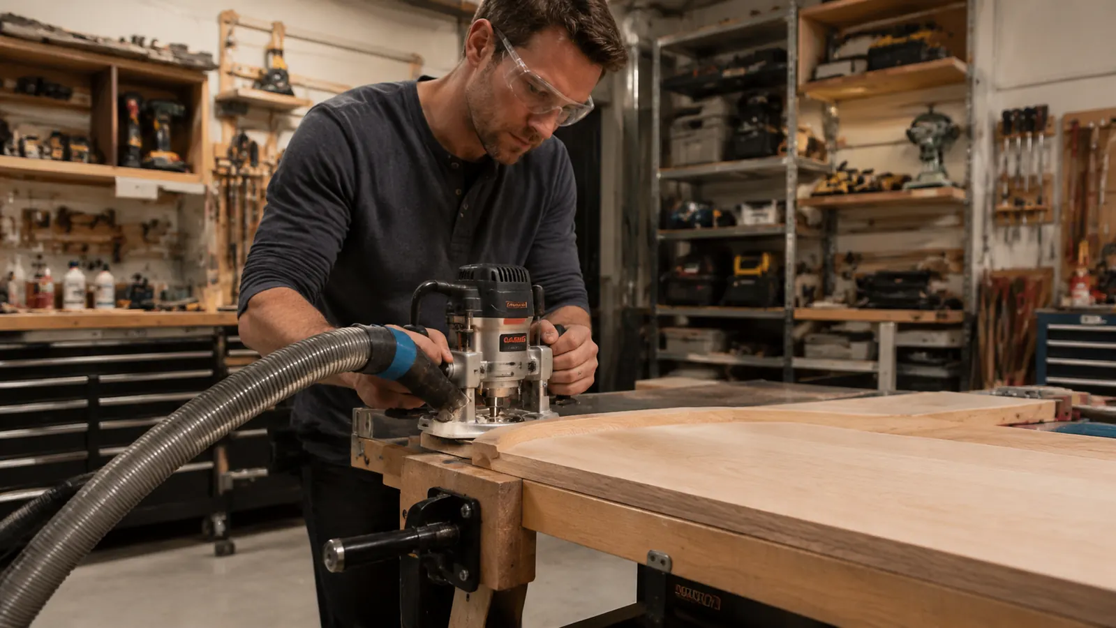 A woodworker running a router along a board edge with a dust hose attached, clean shop floor visible below