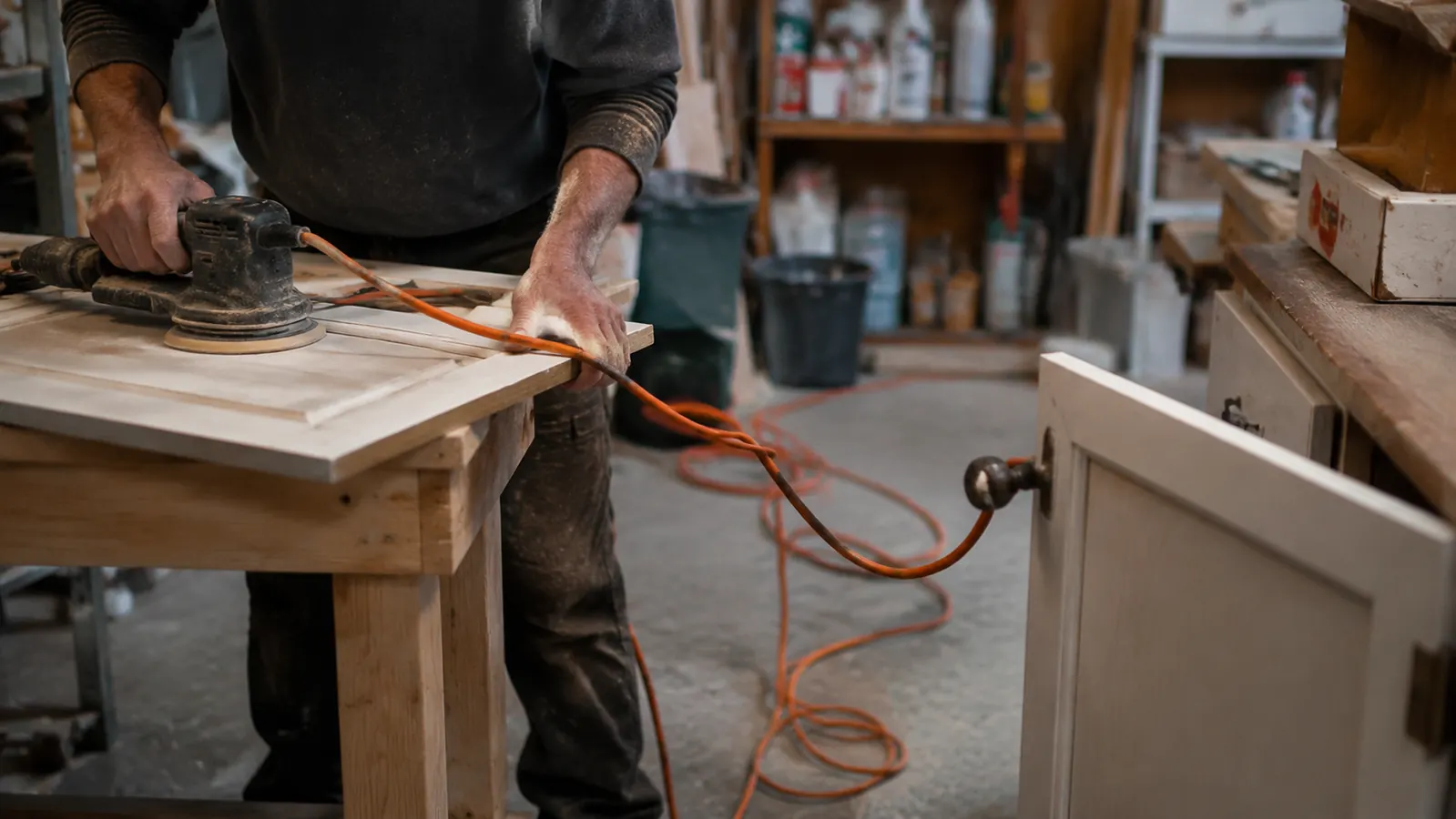 Corded sander cord tangled across a workbench, draped over a half-finished cabinet door panel