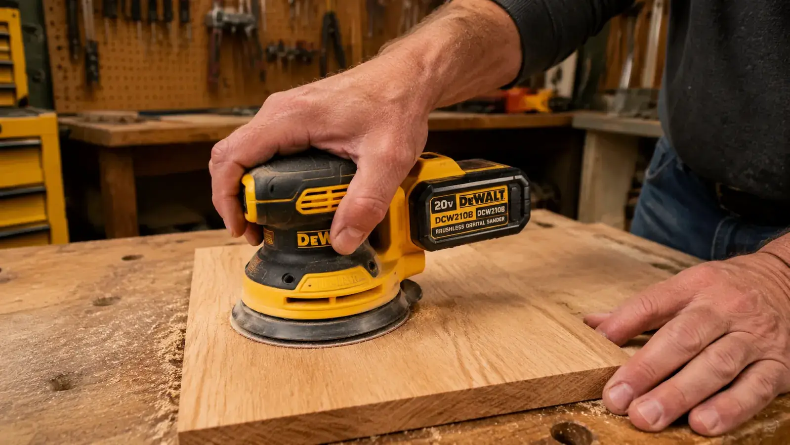 Hand holding a DeWalt DCW210B cordless sander over a flat oak panel, sanding freely without any cord